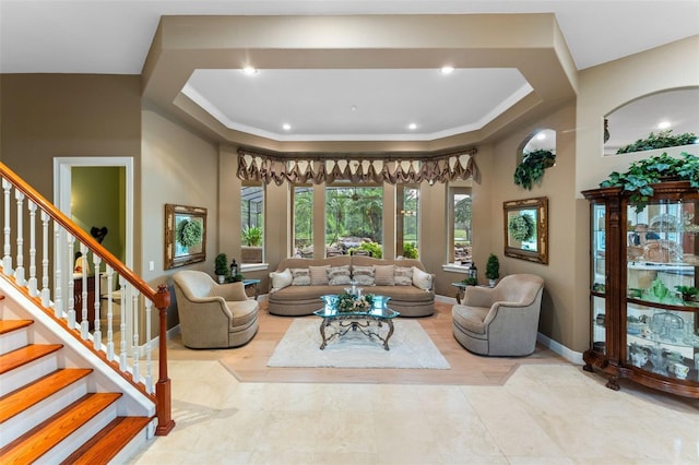 1224 Northern Way, Winter Springs, FL 32708 - living area featuring ornamental molding, stairs, a raised ceiling, and recessed lighting