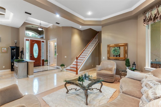 1224 Northern Way, Winter Springs, FL 32708 - living room featuring crown molding, stairway, recessed lighting, and a towering ceiling