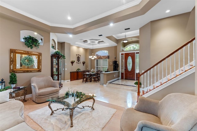 1224 Northern Way, Winter Springs, FL 32708 - living room featuring ornamental molding, a raised ceiling, stairway, recessed lighting, and a chandelier