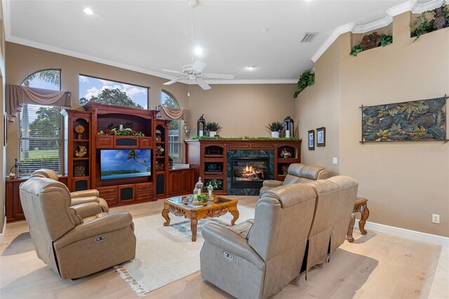 1224 Northern Way, Winter Springs, FL 32708 - living room featuring crown molding, ceiling fan, a fireplace, and recessed lighting