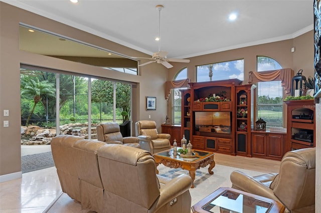 1224 Northern Way, Winter Springs, FL 32708 - living room featuring ornamental molding, recessed lighting, plenty of natural light, and a ceiling fan