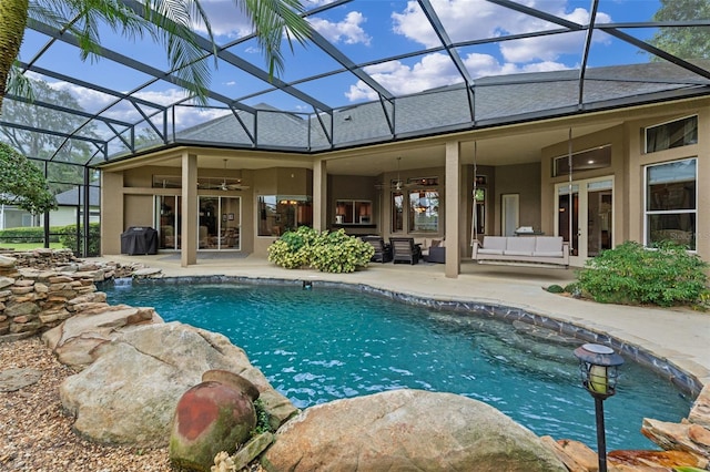 1224 Northern Way, Winter Springs, FL 32708 - outdoor pool featuring a ceiling fan, a patio area, an outdoor hangout area, area for grilling, and a lanai