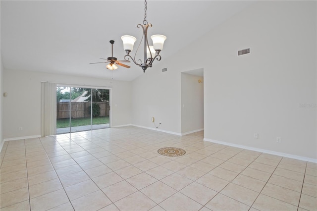 1026 Mccully Ct, Oviedo, FL 32765 - spare room with a chandelier, light tile patterned floors, a ceiling fan, and vaulted ceiling