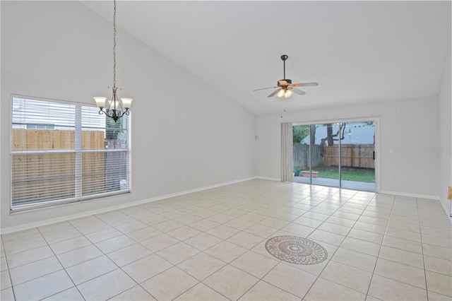 1026 Mccully Ct, Oviedo, FL 32765 - unfurnished room with light tile patterned flooring, a chandelier, a ceiling fan, and high vaulted ceiling