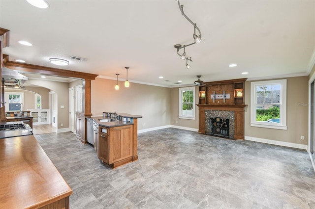 524 S Lakeview Ave, Winter Garden, FL 34787 - kitchen with ceiling fan, crown molding, arched walkways, a large fireplace, and dark countertops