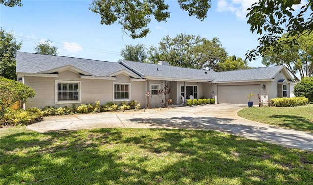 2220 Derbyshire Rd, Maitland, FL 32751 - ranch-style house with an attached garage, driveway, a front yard, a chimney, and roof with shingles