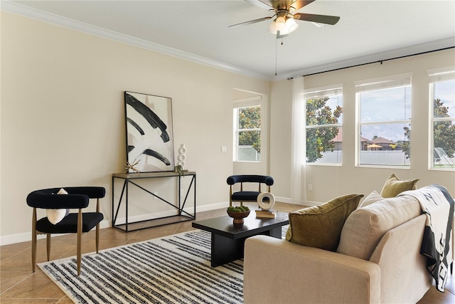 7409 Fairgrove Ave, Windermere, FL 34786 - tiled living room with ornamental molding and a ceiling fan