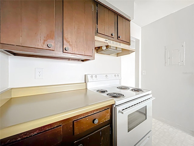 200 St Andrews Blvd Unit 911, Winter Park, FL 32792 - kitchen with white electric range oven, under cabinet range hood, electric panel, light countertops, and dark brown cabinets