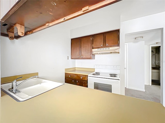 200 St Andrews Blvd Unit 911, Winter Park, FL 32792 - kitchen with white electric range oven, under cabinet range hood, light countertops, and dark brown cabinets