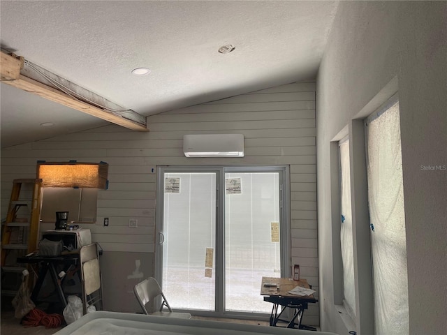 63 Lake Wood Cir, Ocala, FL 34482 - interior space with lofted ceiling, a textured ceiling, wooden walls, and a wall mounted AC