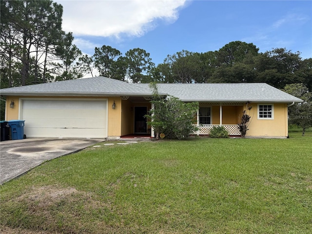 831 Fletcher Rd SE, Palm Bay, FL 32909 - ranch-style house with a porch, an attached garage, concrete driveway, a front lawn, and roof with shingles