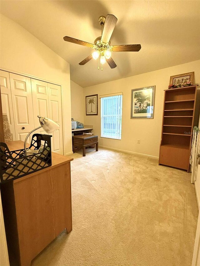 3539 Maple Ridge Loop, Kissimmee, FL 34741 - office space featuring vaulted ceiling, light carpet, and a ceiling fan