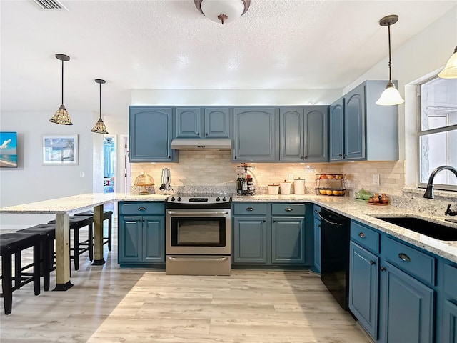 1475 Mars St, Merritt Island, FL 32953 - kitchen featuring stainless steel range with electric stovetop, black dishwasher, light wood-type flooring, light stone counters, and tasteful backsplash