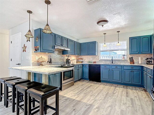 1475 Mars St, Merritt Island, FL 32953 - kitchen featuring electric stove, dishwasher, blue cabinets, under cabinet range hood, and a peninsula