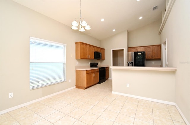 2131 Kaylas Ct, Orlando, FL 32817 - kitchen with black appliances, a chandelier, light countertops, brown cabinets, and recessed lighting
