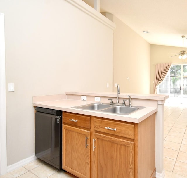 2131 Kaylas Ct, Orlando, FL 32817 - kitchen featuring black dishwasher, light tile patterned flooring, light countertops, and a ceiling fan