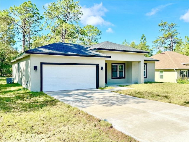 2176 W Galaxy Ln, Citrus Springs, FL 34434 - ranch-style home with stucco siding, an attached garage, concrete driveway, a front yard, and roof with shingles
