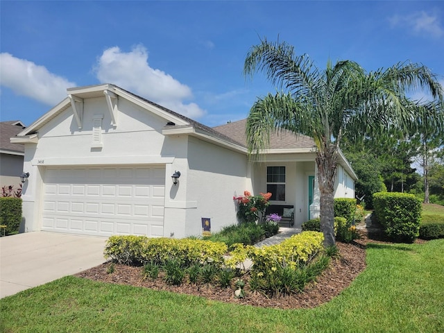 3458 Sagebrush St, Harmony, FL 34773 - view of front of property with an attached garage, stucco siding, concrete driveway, and a front yard