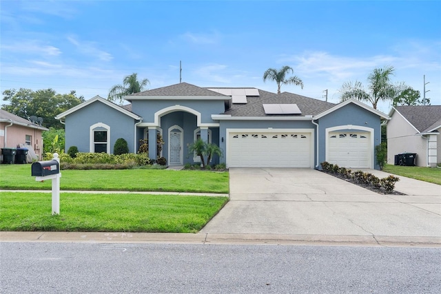 4110 Maplegrove Dr, Orlando, FL 32818 - ranch-style home featuring an attached garage, stucco siding, a front yard, roof mounted solar panels, and driveway