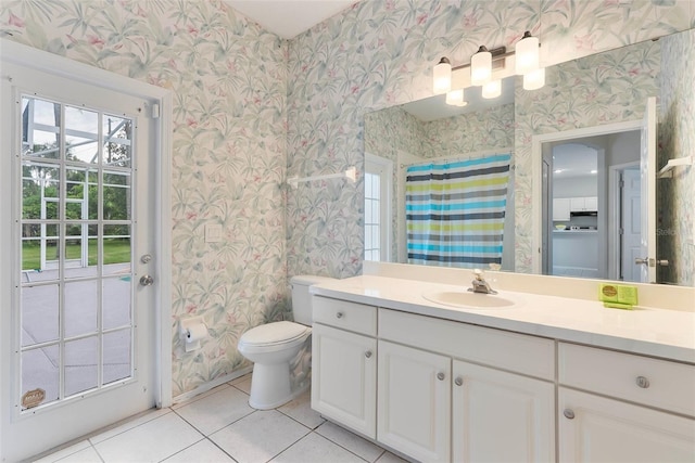 4110 Maplegrove Dr, Orlando, FL 32818 - bathroom featuring wallpapered walls, tile patterned flooring, vanity, and a shower with curtain