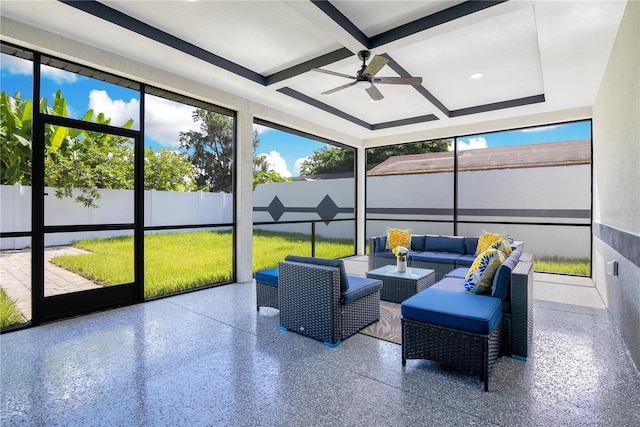 3507 W Jefferson St, Orlando, FL 32805 - sunroom / solarium featuring a ceiling fan, an outdoor living space, coffered ceiling, and beam ceiling