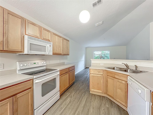 2353 Kingscrest Cir, Apopka, FL 32712 - kitchen featuring white appliances, light brown cabinets, vaulted ceiling, light wood-type flooring, and light countertops
