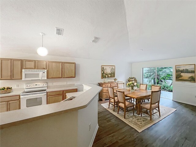 2353 Kingscrest Cir, Apopka, FL 32712 - kitchen with white appliances, dark wood-style floors, lofted ceiling, light countertops, and decorative light fixtures