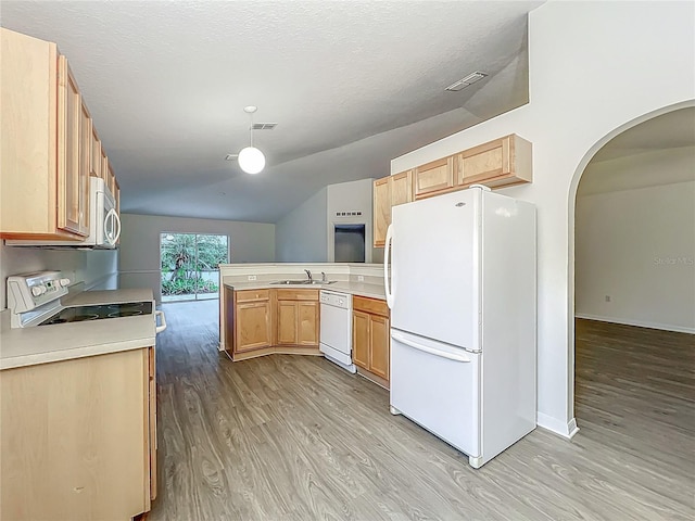 2353 Kingscrest Cir, Apopka, FL 32712 - kitchen with white appliances, light wood finished floors, a peninsula, arched walkways, and light countertops