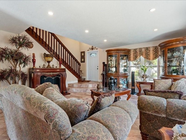 961 SW 98th Ave, Pembroke Pines, FL 33025 - living area with recessed lighting, stairway, and light tile patterned flooring