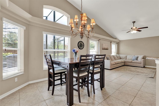 211 Tavestock Loop, Winter Springs, FL 32708 - dining area featuring light tile patterned floors, a chandelier, ceiling fan, and high vaulted ceiling