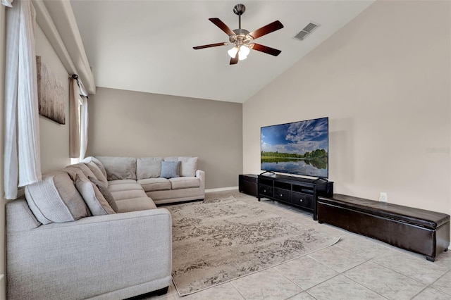 211 Tavestock Loop, Winter Springs, FL 32708 - tiled living area featuring a ceiling fan and high vaulted ceiling