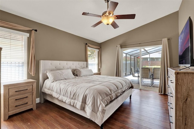 211 Tavestock Loop, Winter Springs, FL 32708 - bedroom featuring vaulted ceiling, access to outside, dark wood-type flooring, and ceiling fan