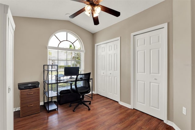 211 Tavestock Loop, Winter Springs, FL 32708 - office space with a ceiling fan, dark wood finished floors, and lofted ceiling