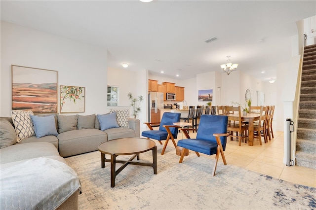 3193 Pequod Pl, Kissimmee, FL 34746 - living area featuring stairs, light tile patterned floors, a chandelier, and recessed lighting