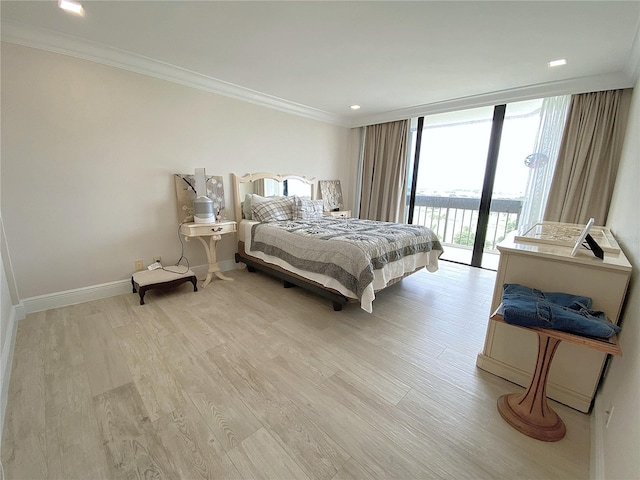 2400 Presidential Way Unit 1104, West Palm Beach, FL 33401 - bedroom with crown molding, access to outside, light wood-style flooring, and floor to ceiling windows