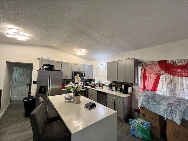 223 Hope Cir, Orlando, FL 32811 - kitchen featuring stainless steel appliances, gray cabinets, dark wood-style flooring, lofted ceiling, and light countertops