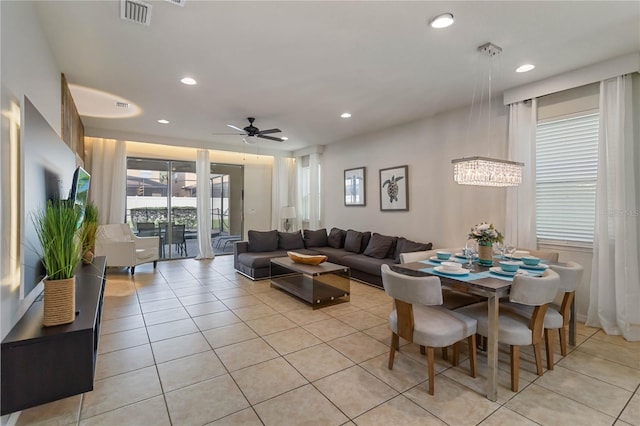 2108 Morocco Way, Kissimmee, FL 34747 - living room featuring light tile patterned floors, recessed lighting, and ceiling fan