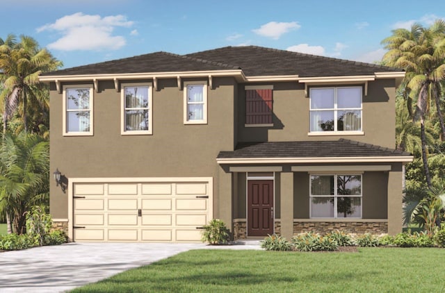33608 Seattle Slew Dr, Sorrento, FL 32776 - view of front of house featuring stone siding, an attached garage, driveway, and stucco siding