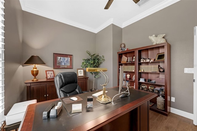 1462 Palm Bay Ct, Lake Mary, FL 32746 - office space featuring ornamental molding, ceiling fan, and wood finished floors