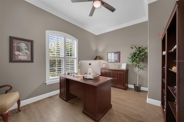 1462 Palm Bay Ct, Lake Mary, FL 32746 - office area with ceiling fan, ornamental molding, and light wood-type flooring