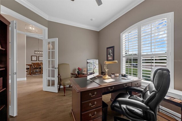 1462 Palm Bay Ct, Lake Mary, FL 32746 - office space with crown molding, plenty of natural light, a ceiling fan, and wood finished floors
