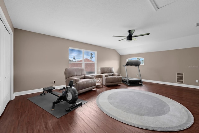 1462 Palm Bay Ct, Lake Mary, FL 32746 - workout area featuring wood finished floors, a ceiling fan, and vaulted ceiling