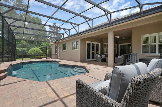 1462 Palm Bay Ct, Lake Mary, FL 32746 - outdoor pool featuring an outdoor hangout area, a patio area, and glass enclosure