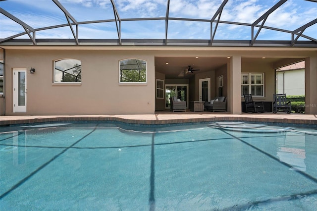 1462 Palm Bay Ct, Lake Mary, FL 32746 - swimming pool featuring an outdoor living space, a ceiling fan, a patio, and a lanai