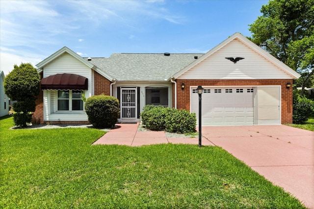 956 Chula Ct, Lady Lake, FL 32159 - view of front of property with brick siding, concrete driveway, a front yard, a shingled roof, and an attached garage
