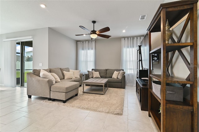 410 Winter Bliss Ln, Mount Dora, FL 32757 - living area featuring ceiling fan, recessed lighting, and light tile patterned floors