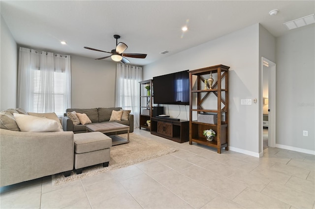 410 Winter Bliss Ln, Mount Dora, FL 32757 - living room with ceiling fan, recessed lighting, and light tile patterned floors