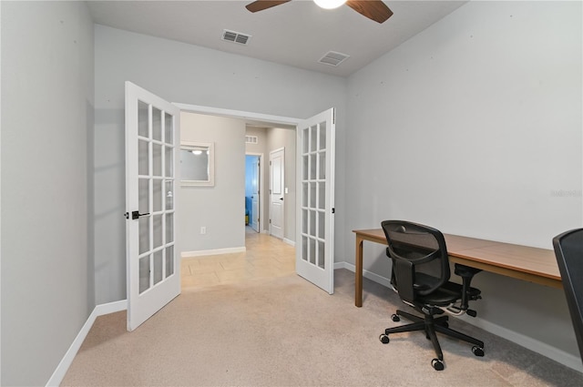 410 Winter Bliss Ln, Mount Dora, FL 32757 - home office featuring french doors, carpet, and a ceiling fan