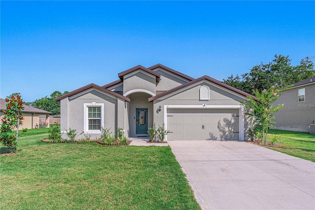 13 Ryken Ln, Palm Coast, FL 32164 - ranch-style house with stucco siding, a garage, driveway, and a front yard