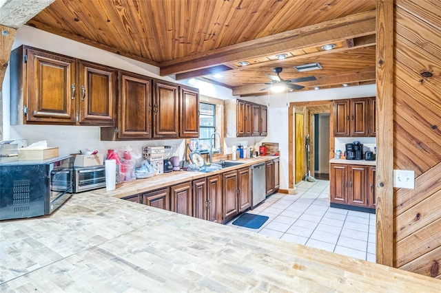 2005 SW Driftwood St, Port St Lucie, FL 34953 - kitchen with stainless steel dishwasher, light countertops, light tile patterned floors, wooden ceiling, and ceiling fan